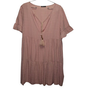 Blush Pink Plaid Tiered Boho Dress – S | Ruffle Shift Summer Vibes